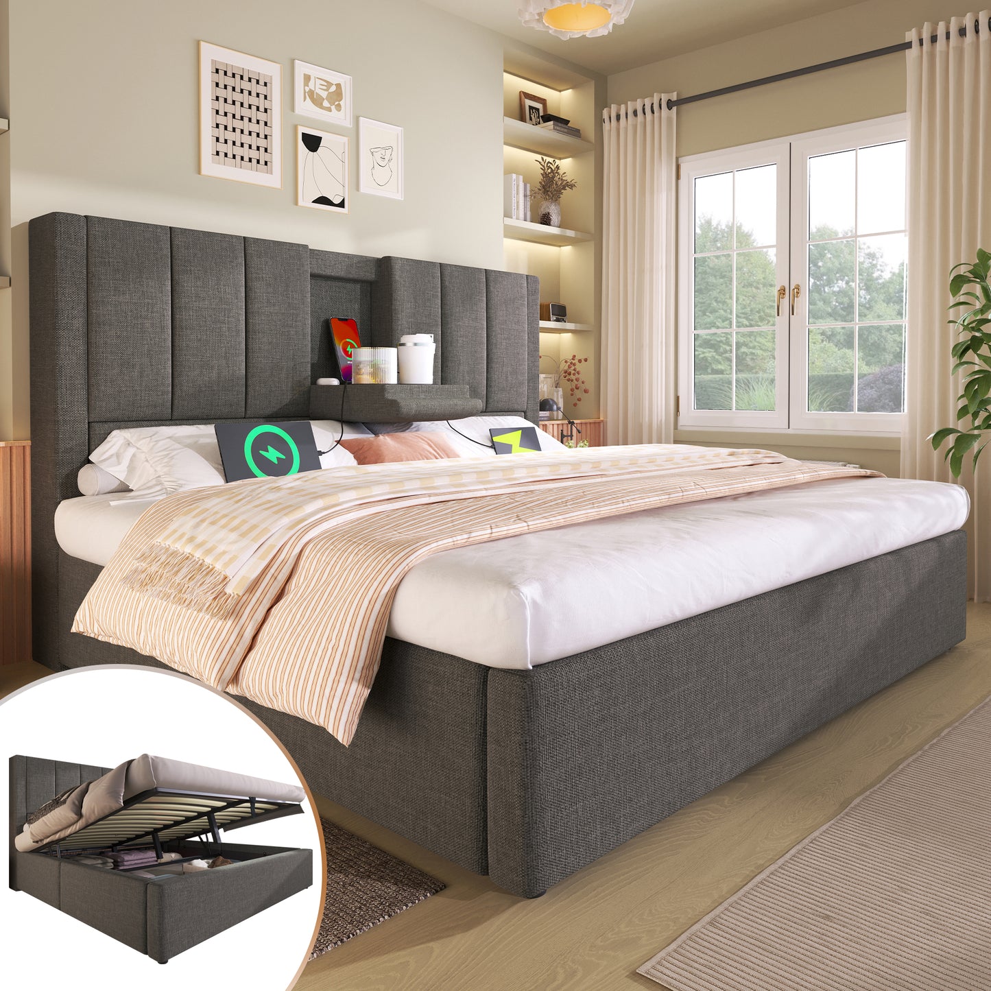 Gigab2b original image - Polsterbett 140x190 cm Doppelbett mit verstecktem Becherhalter & Ladestation, Hydraulisches Bett mit Stauraum unter dem Bett, Inkl. Lattenrost, Leinen Grau (Ohne Matratze)
