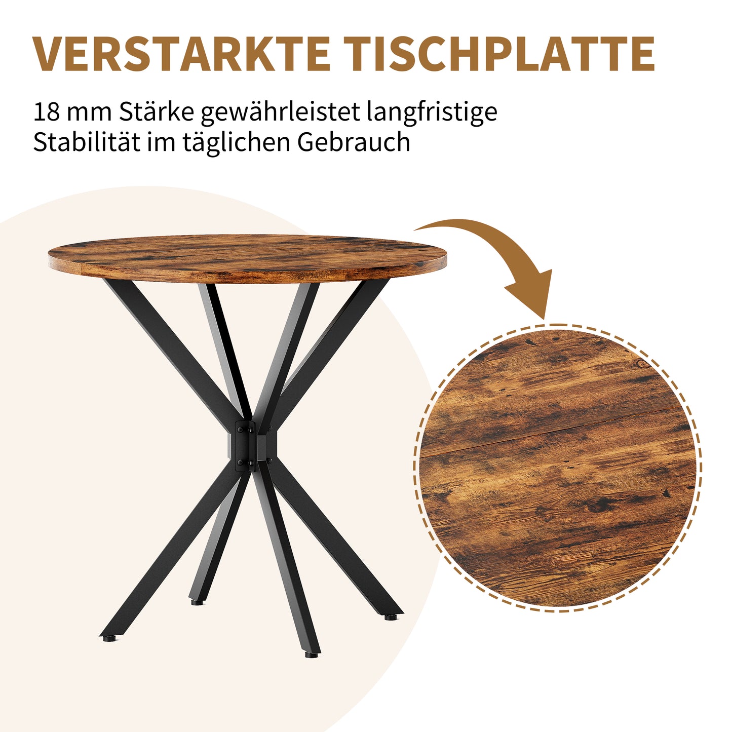 Runder Esstisch Industrialstil Ø80 cm mit X-Füßen Vintagebraun-Schwarz Küchentisch Homeoffice