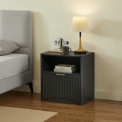Space-Saving Nightstand with Open Drawer and Gold Handles