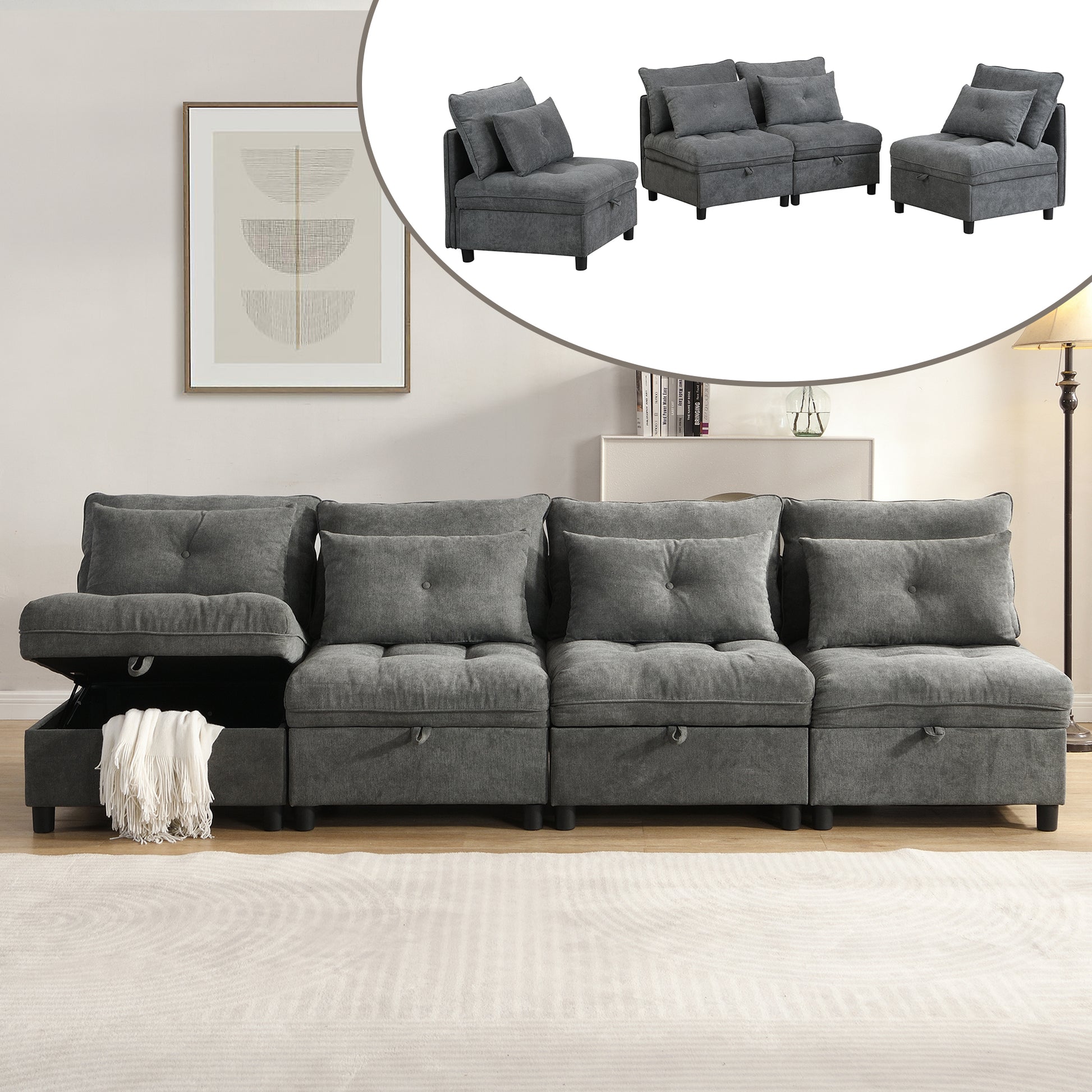 Gigab2b original image - [Wolken-Modulsofa]4-Sitzer modulares trennbares Sofaset:Frei kombinierbar+Stauraum unter allen Sitzkissen+Schlaffunktion+Chenille-Bezug,Freie Raumgestaltung mit Wohnzimmer-Sofabett-Kombinatio