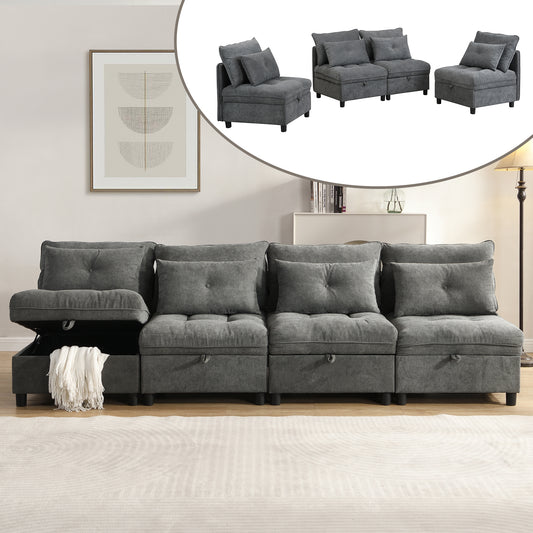 Gigab2b original image - [Wolken-Modulsofa]4-Sitzer modulares trennbares Sofaset:Frei kombinierbar+Stauraum unter allen Sitzkissen+Schlaffunktion+Chenille-Bezug,Freie Raumgestaltung mit Wohnzimmer-Sofabett-Kombinatio