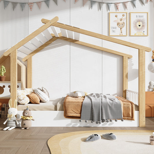 Gigab2b original image - Holzbetten, Kinderbett, Einzelbett, Exquisites Holzhausdesign, Stabile Lattenroste, Schlichtes Design, Kiefer + Spanplatte +MDF,  Weiß+Natur, 90x200cm