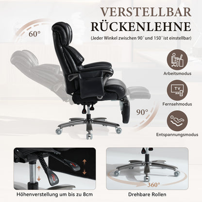 002-XXL Ergonomischer Bürostuhl, komfortabler Chefsessel mit Massage- und Heizfunktion, PU-Leder, Fußstütze, drehbar, verstellbare Rückenlehne, bis 150 kg, für Büro und Home Office (Schwarz)