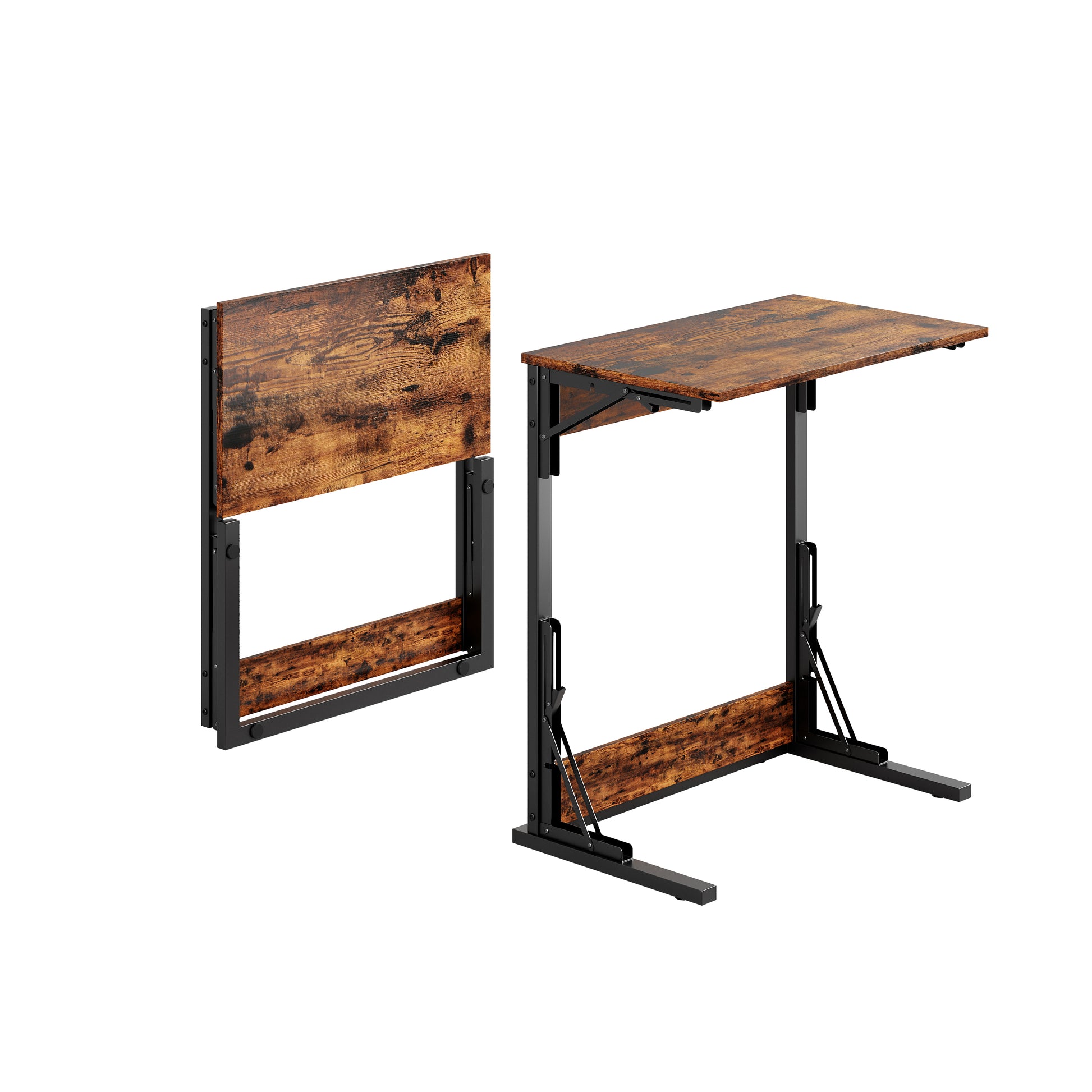 2er-Set Klappbarer C-förmiger Beistelltisch mit Metallrahmen & verstellbaren Füßen, Beistelltisch Kaffeetisch für Wohnzimmer Schlafzimmer Büro, als TV-Tablett verwendbar, 60 x 37 x 71 cm, Braun