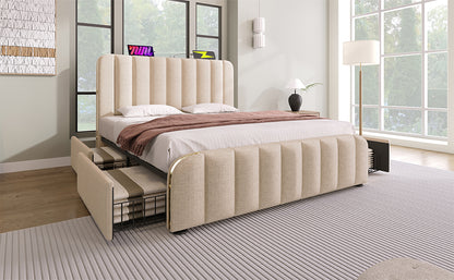 Polsterbett Doppeltes, gepolstertes Kopfteil mit goldenen Zierstreifen und ,USB Typ-C Ladefunktion 140*190 cm, Beige Leinen-Material mit 4 Schubladen ,Belastbarkeit 181 kg (Ohne Matratze)