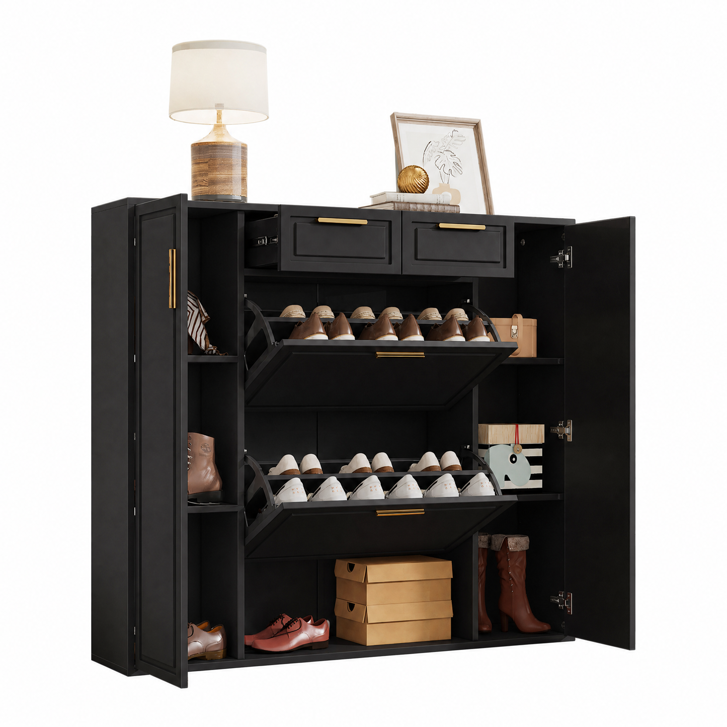 Moderne Schuhschrank, mit verstellbaren Regalen, goldenen Griffen, 2 Schubladen, Klappschuhschrank und 2 Türen, Schwarz, B120/D24/H107 CM