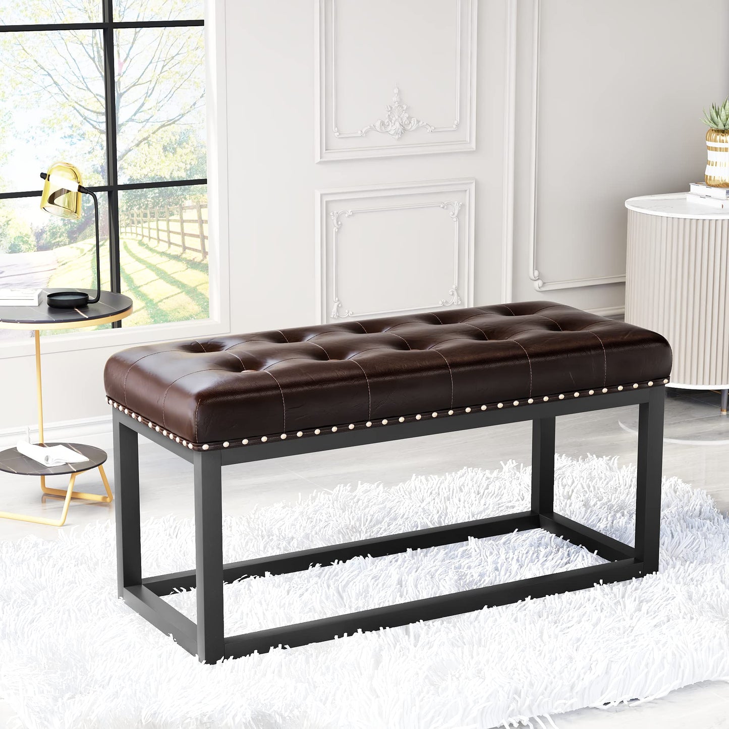 36" Vintage Upholstered Bench with Button Tufted Faux Leather Seat, Industrial Metal Frame Dining Bench for Entryway, Bedroom, Living Room, or End of Bed (Black)