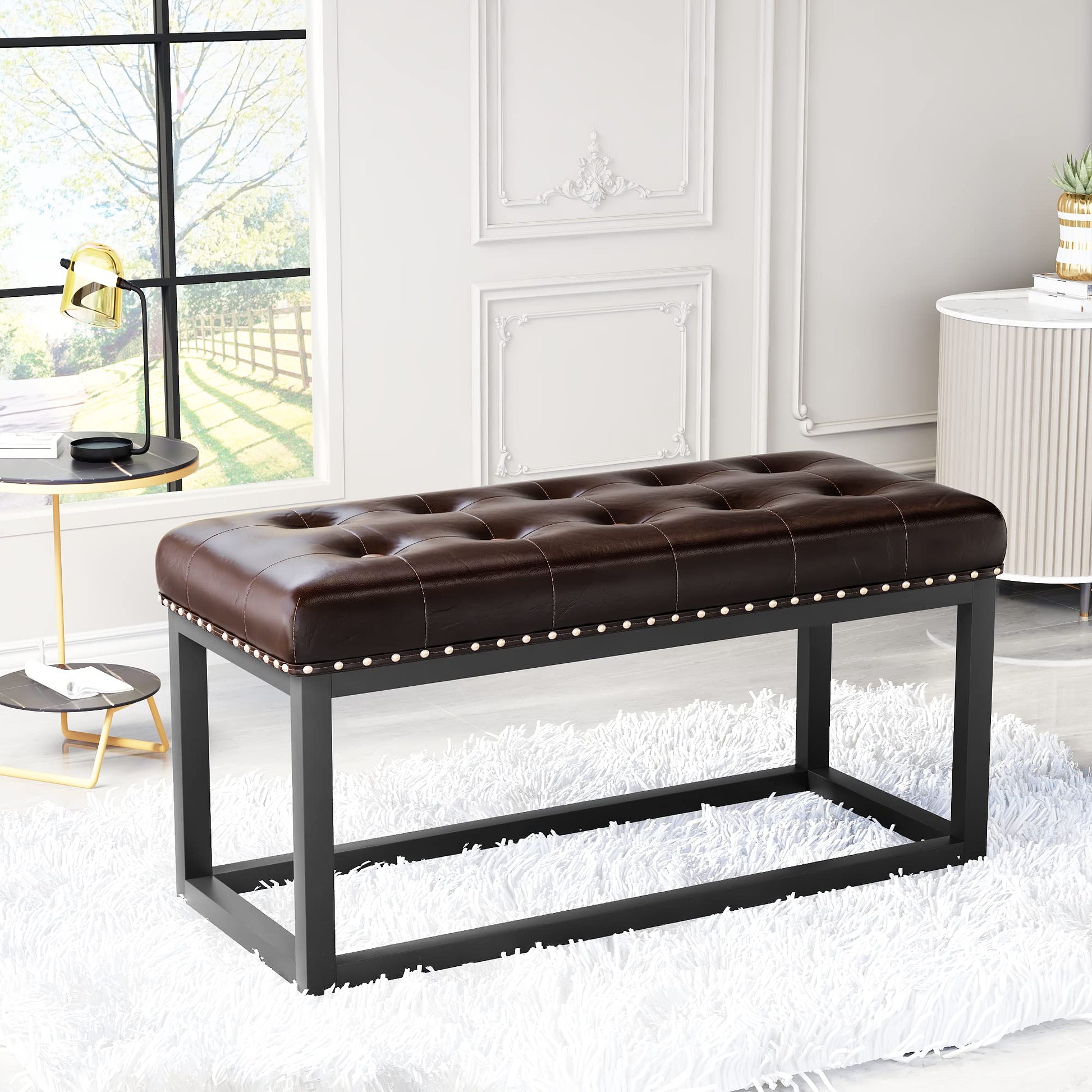 36" Vintage Upholstered Bench with Button Tufted Faux Leather Seat, Industrial Metal Frame Dining Bench for Entryway, Bedroom, Living Room, or End of Bed (Black)