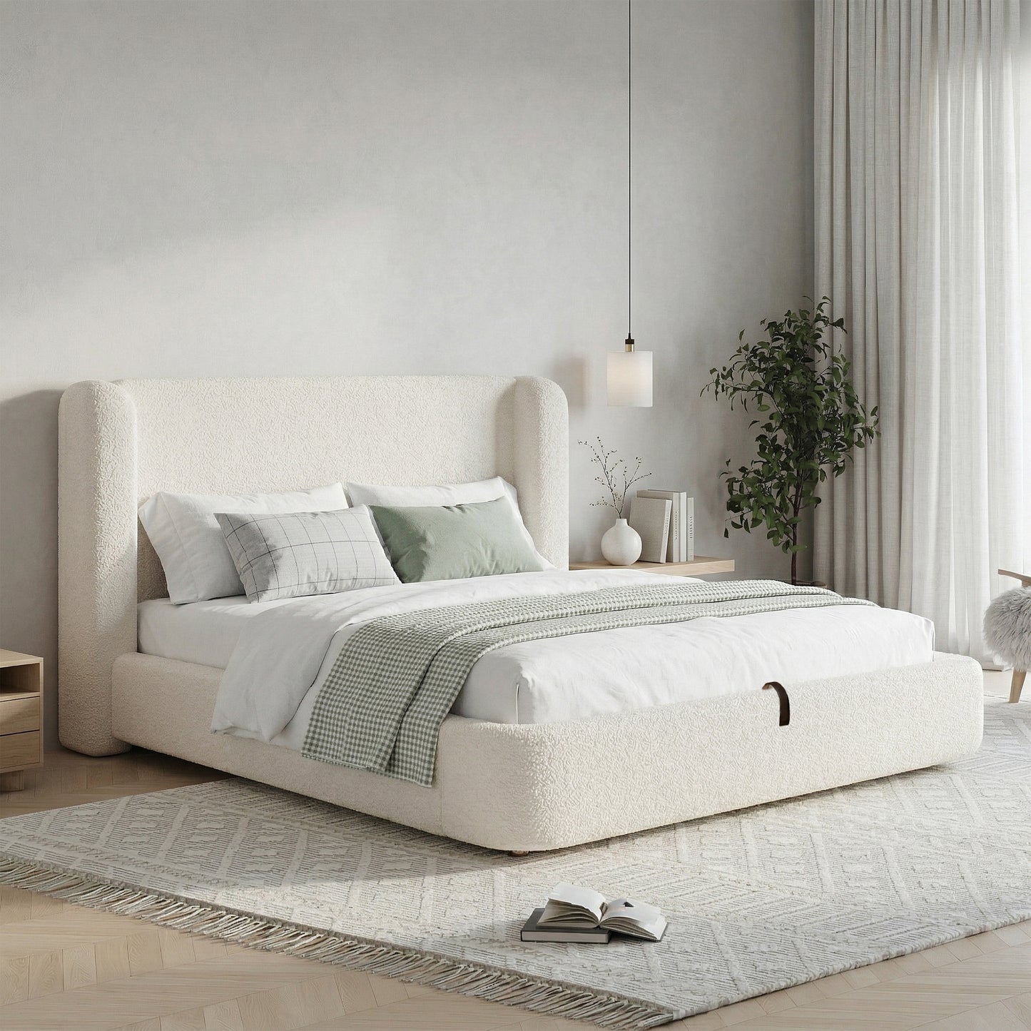 Polsterbett,Doppelbett,hydraulisches Funktionsbett,Bett mit Lattenrost, Kopfteil und  großem Stauraum, gepolstertes Kopfteil, Beige Bouclé, 180 x 200