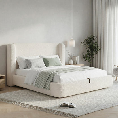Polsterbett,Doppelbett,hydraulisches Funktionsbett,Bett mit Lattenrost, Kopfteil und  großem Stauraum, gepolstertes Kopfteil, Beige Bouclé, 180 x 200
