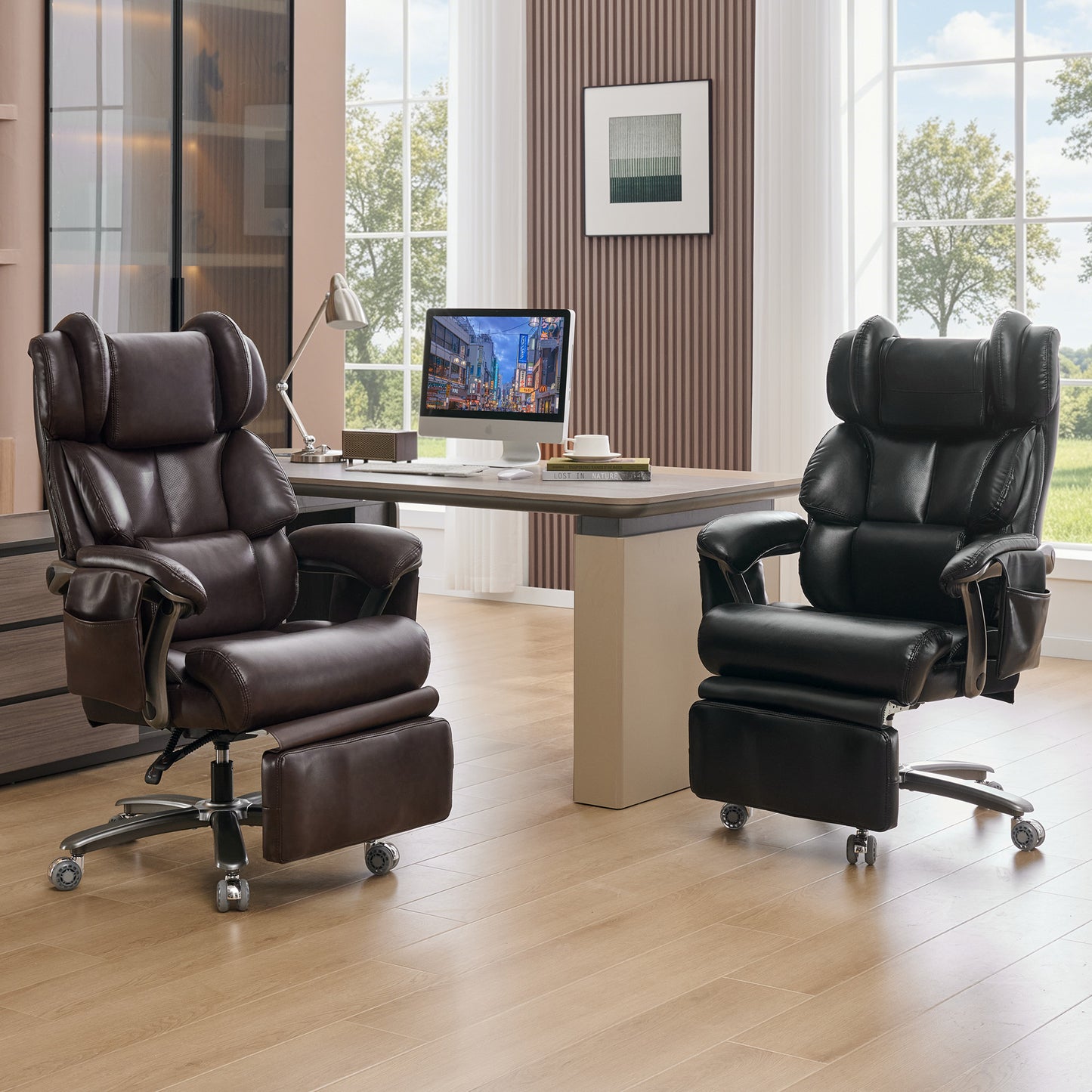 002-XXL Ergonomischer Bürostuhl, komfortabler Chefsessel mit Massage- und Heizfunktion, PU-Leder, Fußstütze, drehbar, verstellbare Rückenlehne, bis 150 kg, für Büro und Home Office (Schwarz)