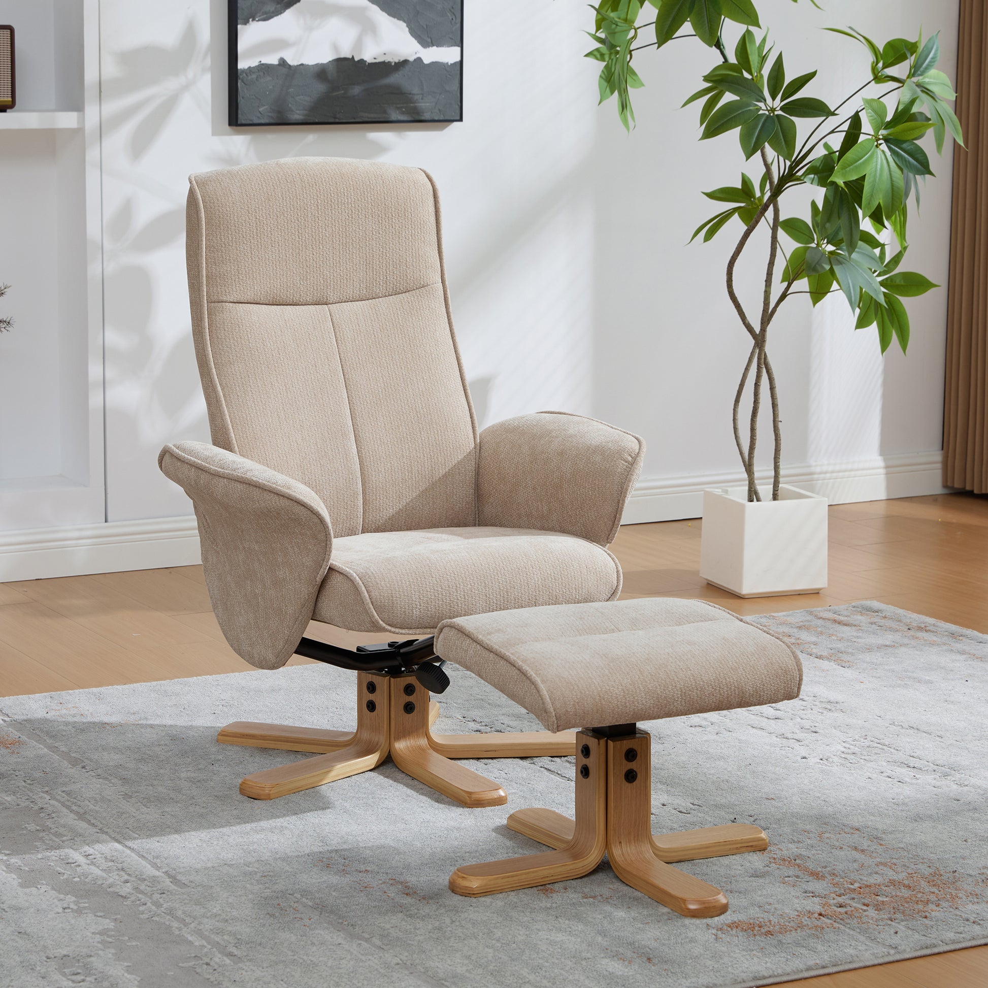 Gigab2b original image - Nordischer multifunktionaler Drehbarer Relaxsessel mit Hocker, Chenille-Stoff, Massivholzsockel mit Metallstütze für ein schönes, stabiles und zuverlässiges Design.Light Taupe