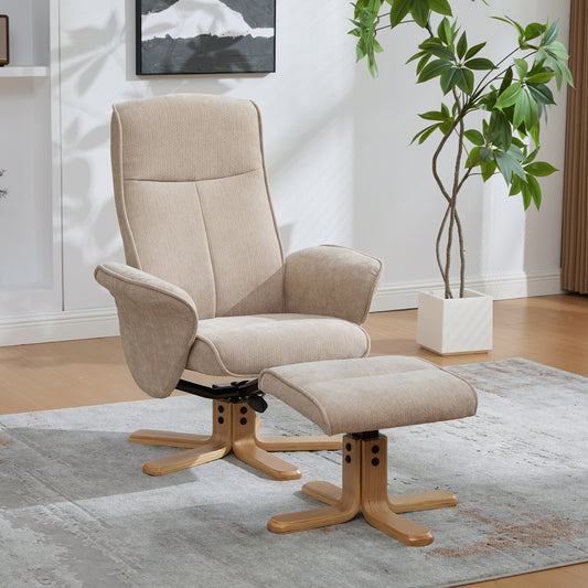 Gigab2b original image - Nordischer multifunktionaler Drehbarer Relaxsessel mit Hocker, Chenille-Stoff, Massivholzsockel mit Metallstütze für ein schönes, stabiles und zuverlässiges Design.Light Taupe