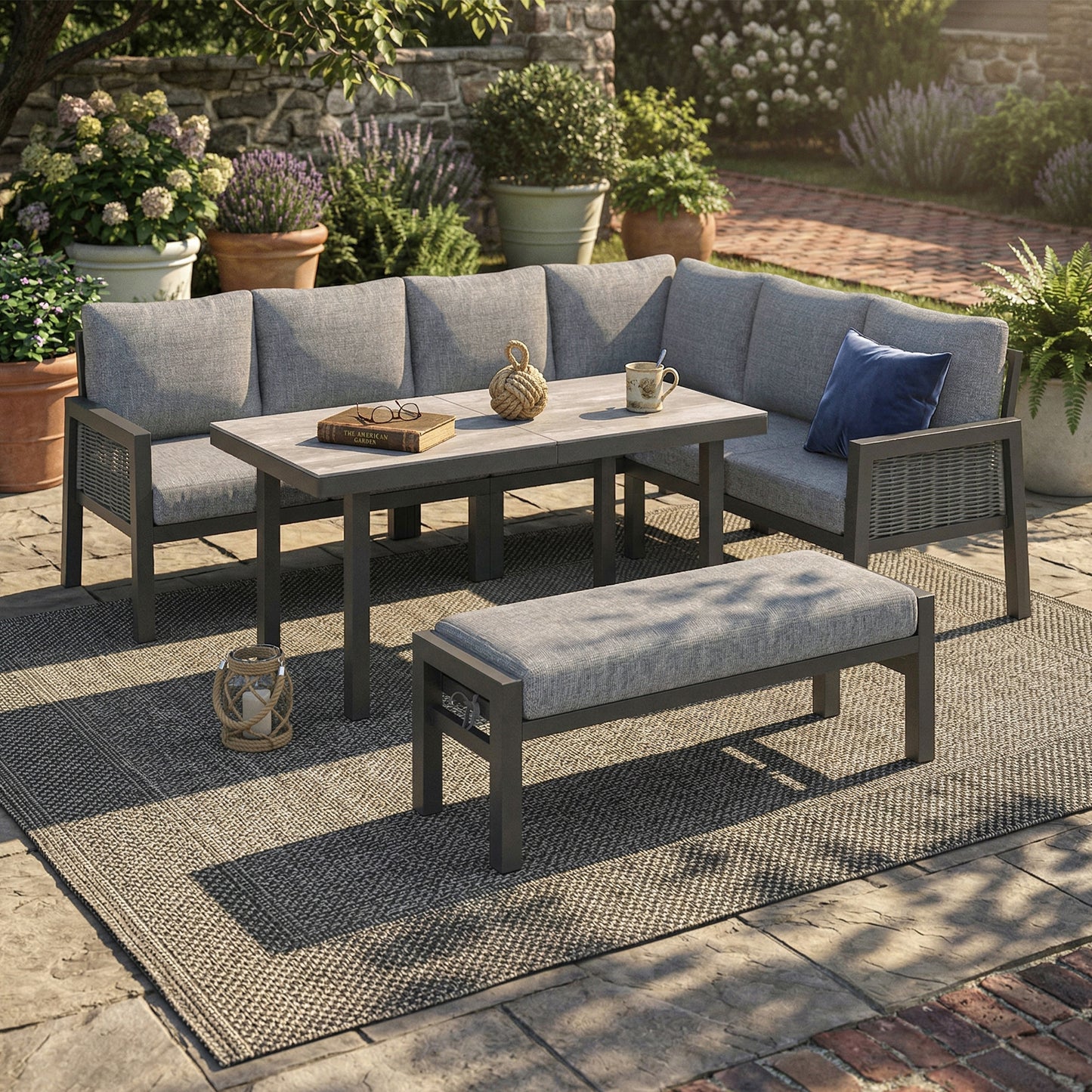 Gigab2b original image - Garten-Essgruppe,Gartenmöbel-Set,8 Personen, Eckstellung,  Verzinktes Eisen, Glastischplatte, handgefertigtes PE-Geflechtseil, Beinhaltet Esstische, Bänke und Sofas, grau