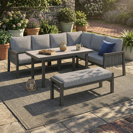 Gigab2b original image - Garten-Essgruppe,Gartenmöbel-Set,8 Personen, Eckstellung,  Verzinktes Eisen, Glastischplatte, handgefertigtes PE-Geflechtseil, Beinhaltet Esstische, Bänke und Sofas, grau