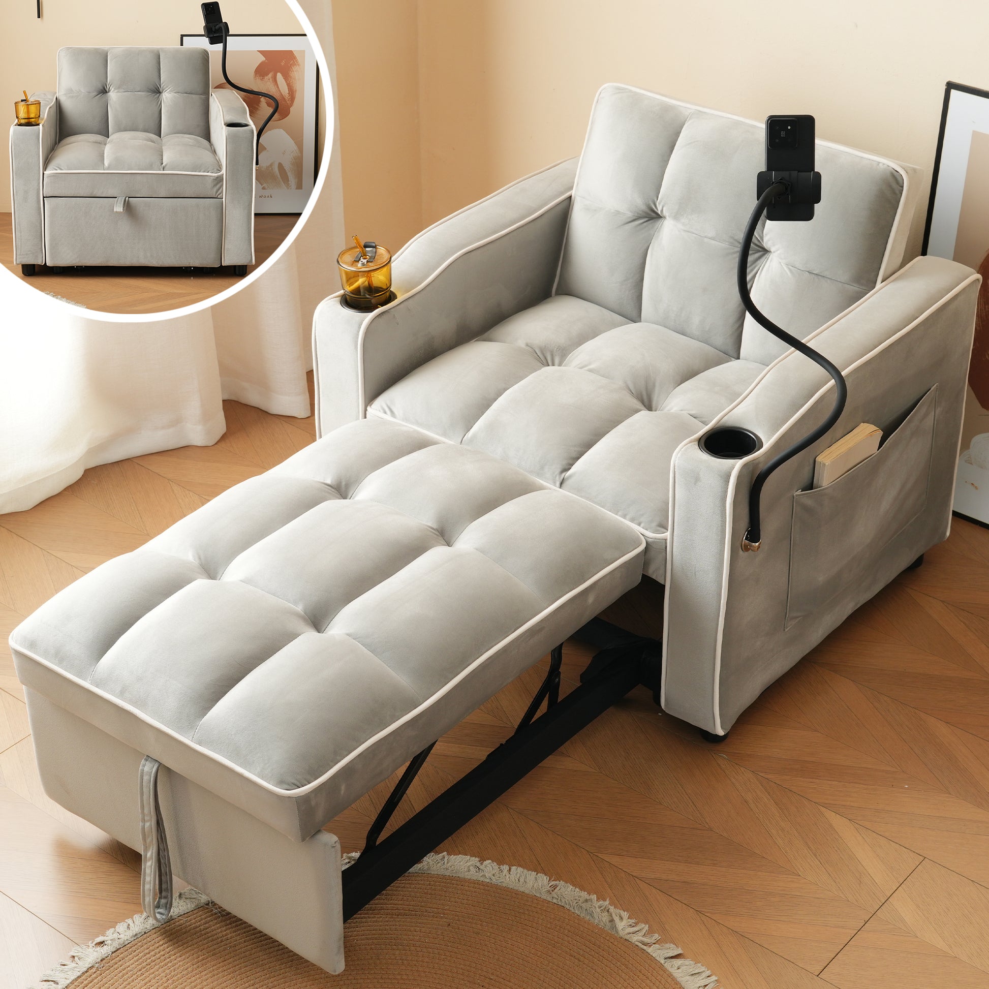 3-in-1 Ausziehbares Einzel-Schlafsofa – Mit Getränkehaltern und Handyhalter, Sofa-Liegestuhl, Schlafstuhl, Sessel, perfekt für kleine Räume,83*167*76cm