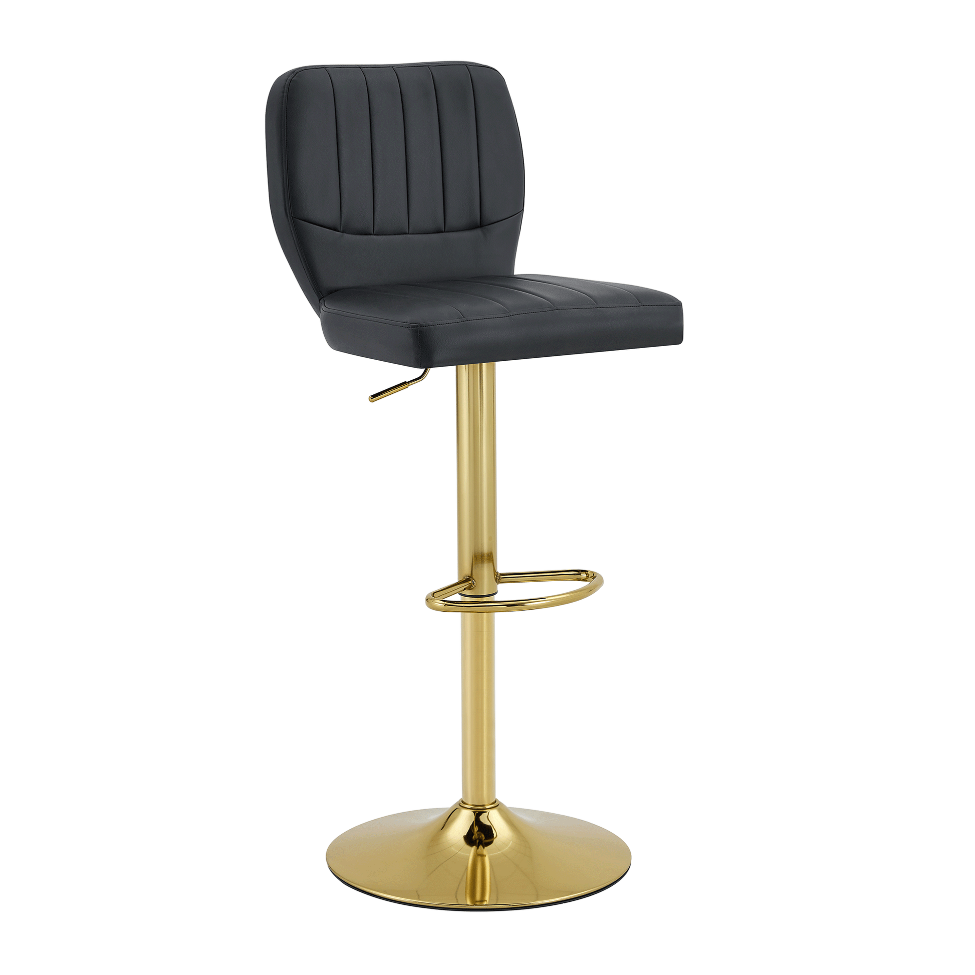 Barhocker höhenverstellbar 62-83cm, 360° drehbarer Barstuhl mit Rückenlehne & Fußstütze, Ergonomischer Küchenhocker aus schwarzem Kunstleder, belastbar bis 136kg, Gold-Chrom Finish