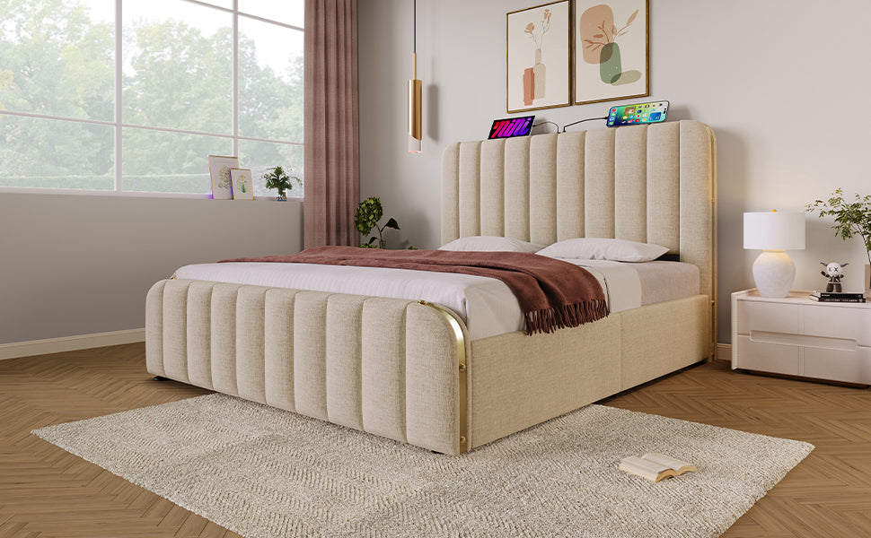 Polsterbett Doppeltes, gepolstertes Kopfteil mit goldenen Zierstreifen und ,USB Typ-C Ladefunktion 140*190 cm, Beige Leinen-Material Hydraulisches Lagerbett,Belastbarkeit 181 kg (Ohne Matratze)