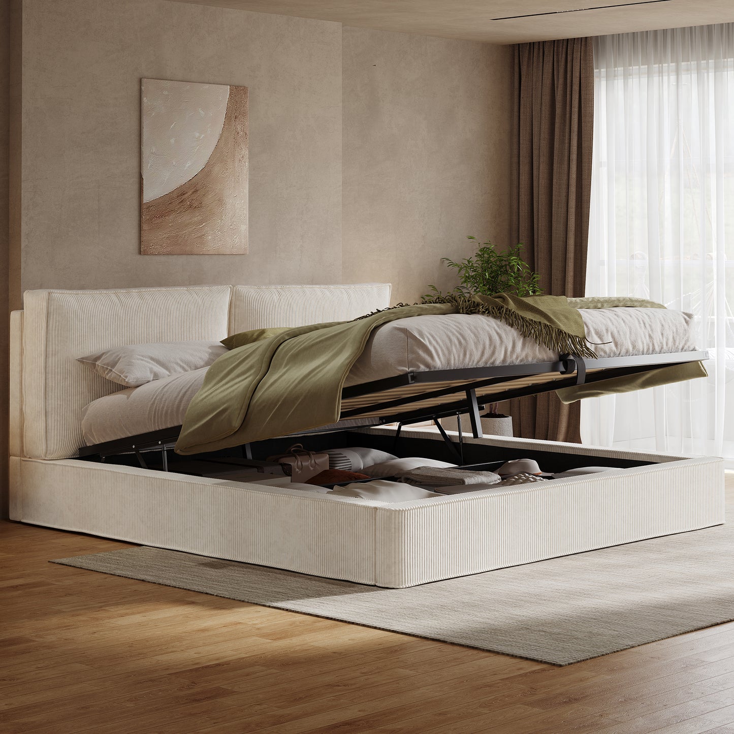 Polsterbett,Doppelbett,180 x 200cm,hydraulisches Funktionsbett,Bett mit Lattenrost, Kopfteil, gepolstertes Kopfteil, Beige, Cord