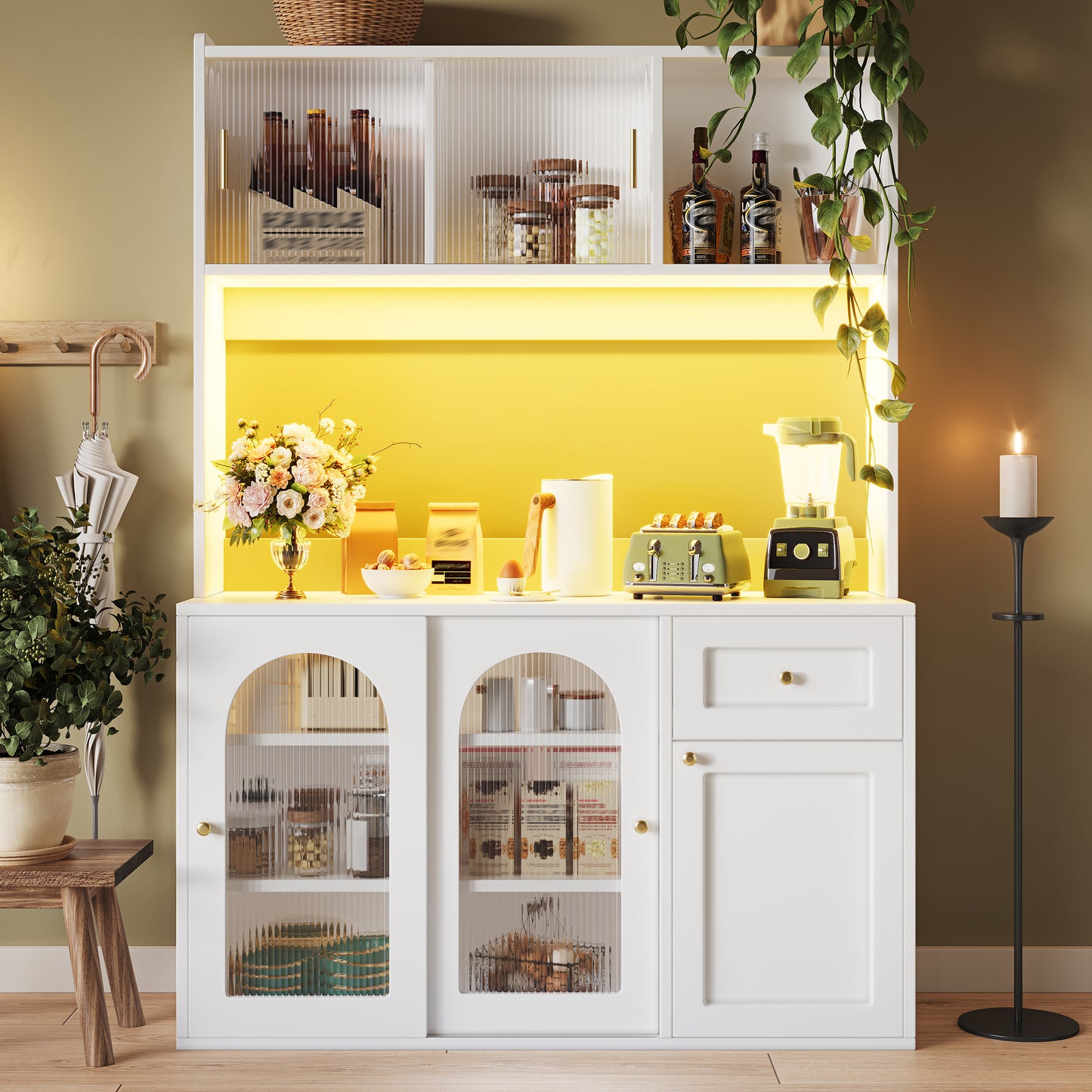 Gigab2b original image - Küchenschrank, Hochschrank, Vitrinenschrank, Buffetschrank mit Verstellbaren Ablagen, Esszimmerschrank, Sideboard mit LED-Beleuchtung, Weiß