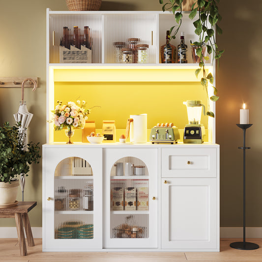 Gigab2b original image - Küchenschrank, Hochschrank, Vitrinenschrank, Buffetschrank mit Verstellbaren Ablagen, Esszimmerschrank, Sideboard mit LED-Beleuchtung, Weiß