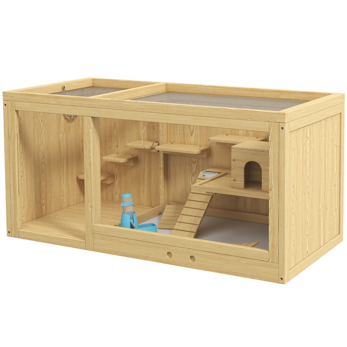 Gigab2b original image - Hamsterkäfig  Holz Kleintierstall, Spielhaus für Gerbils, mit Schaukeln, Leitern, zu öffnendem Dach, Hütte, 100cm, Natur
