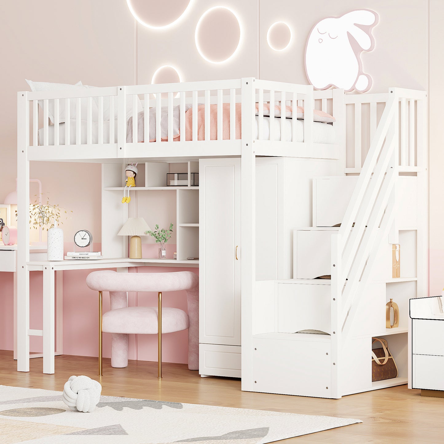 Gigab2b original image - Hochbett 90 x 200 mit großem Kleiderschrank Regal und Tisch, Stauraum Treppe Mehrzweckbetteinheit Holzbettgestell weiß
