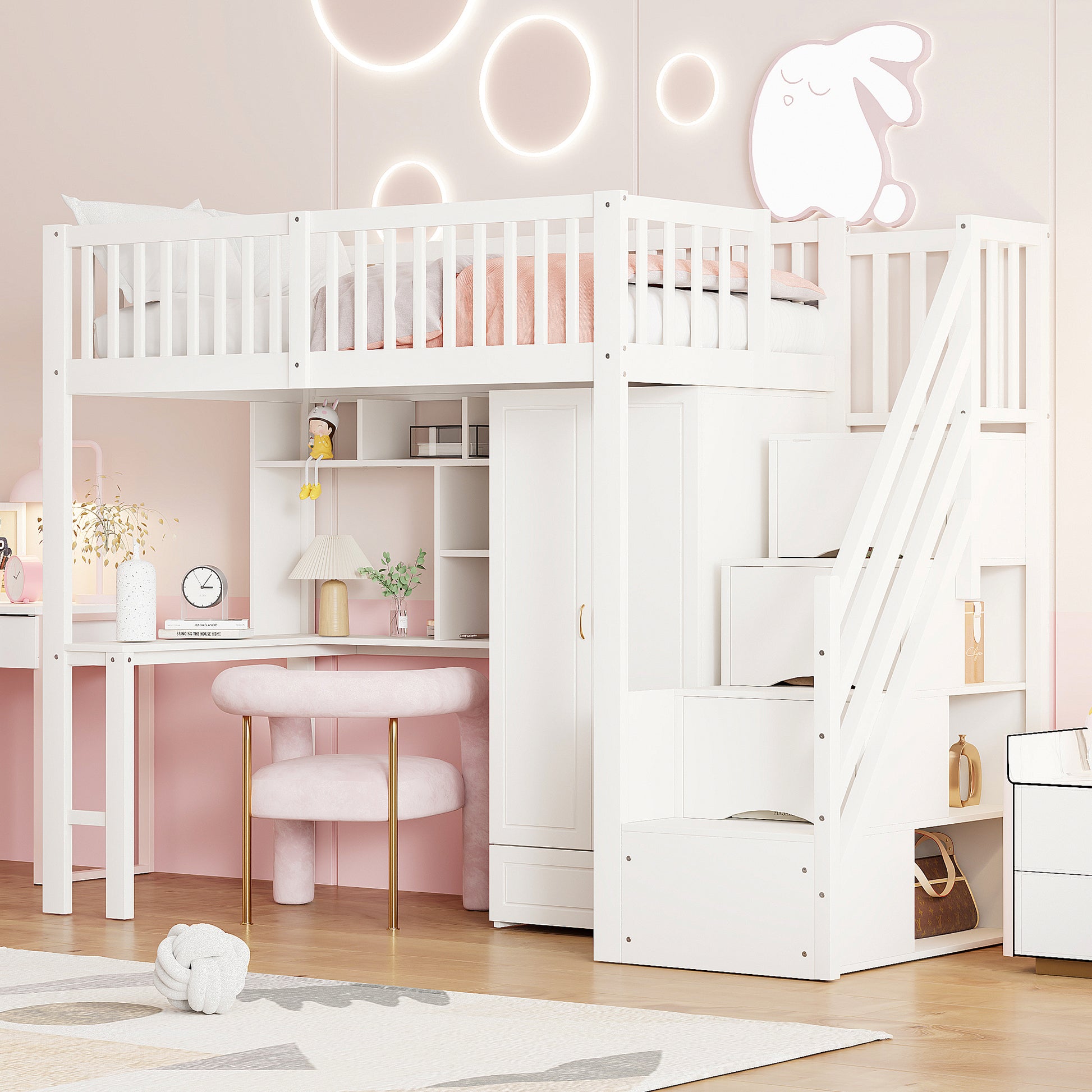 Gigab2b original image - Hochbett 90 x 200 mit großem Kleiderschrank Regal und Tisch, Stauraum Treppe Mehrzweckbetteinheit Holzbettgestell weiß