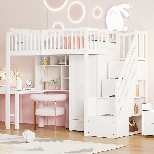 Gigab2b original image - Hochbett 90 x 200 mit großem Kleiderschrank Regal und Tisch, Stauraum Treppe Mehrzweckbetteinheit Holzbettgestell weiß