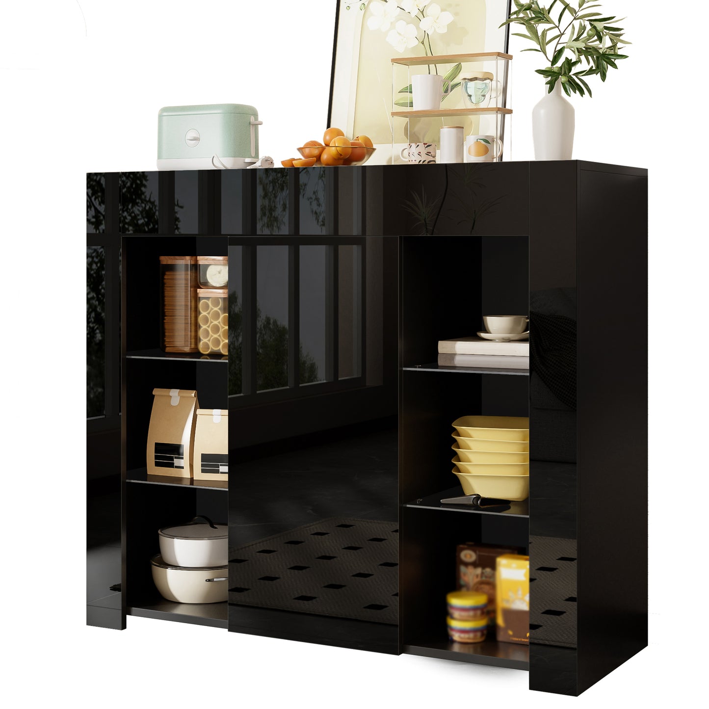 Gigab2b original image - Modernes Schwarzes Buffet mit Hochglanz-Front – Kompakte, stilvolle Aufbewahrungslösung mit Glasregalen und Schranktür für Wohnzimmer, Esszimmer oder Küche – 95x35x83 cm