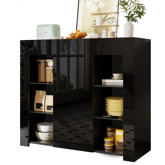 Gigab2b original image - Modernes Schwarzes Buffet mit Hochglanz-Front – Kompakte, stilvolle Aufbewahrungslösung mit Glasregalen und Schranktür für Wohnzimmer, Esszimmer oder Küche – 95x35x83 cm