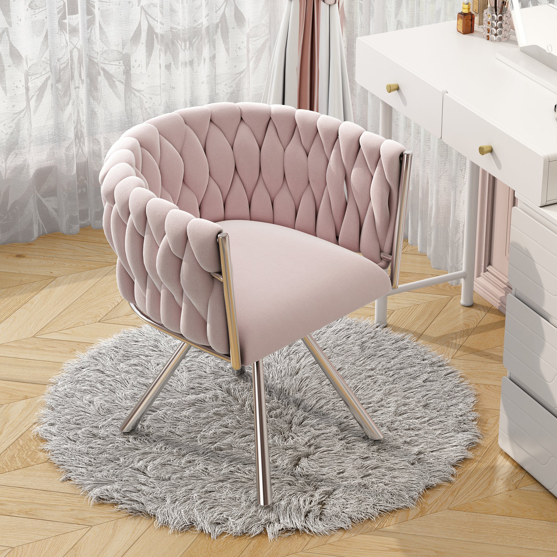 Gigab2b original image - Samt-Schminkstuhl, 1St, einzelner luxuriöser Schlafzimmer-Drehstuhl, Freizeit-Drehstuhl, vier Stützbeine aus Metall, rosa