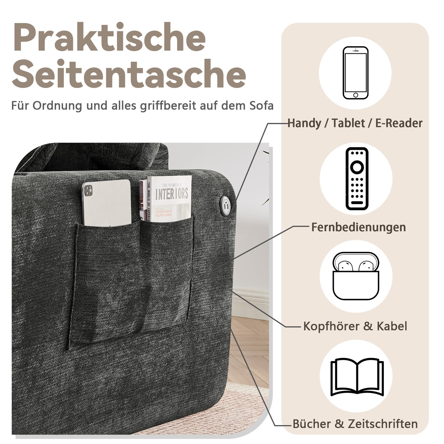2-Sitzer-Relaxsofa für kleine Räume,aus weichem Chenille-Stoff,ausgestattet mit seitlicher Magazintasche,Getränkehalter und Kissen,geeignet für Wohnzimmer,Arbeitszimmer,Gästezimmer und Wohnungen,Black