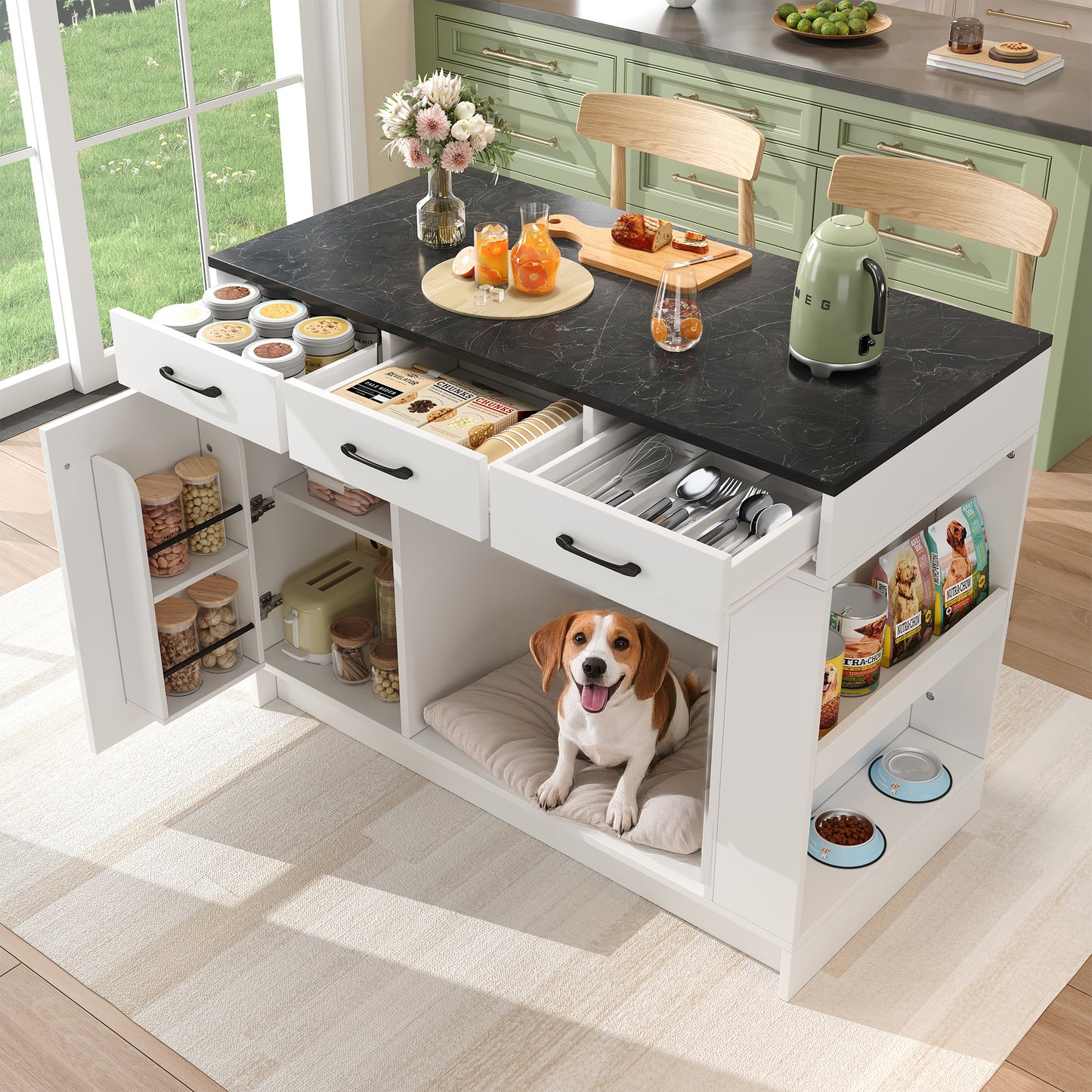 Kücheninsel, Schrank mit 3 Schubladen, 1 Gewürzablage, verstellbare Regalplatte, Doppelablage (ohne Hundefutterteller), geräumiger Haustieraufbewahrungsbereich (ohne Hundekissen), 120*60*90 cm, weiß