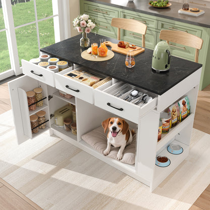 Kücheninsel, Schrank mit 3 Schubladen, 1 Gewürzablage, verstellbare Regalplatte, Doppelablage (ohne Hundefutterteller), geräumiger Haustieraufbewahrungsbereich (ohne Hundekissen), 120*60*90 cm, weiß