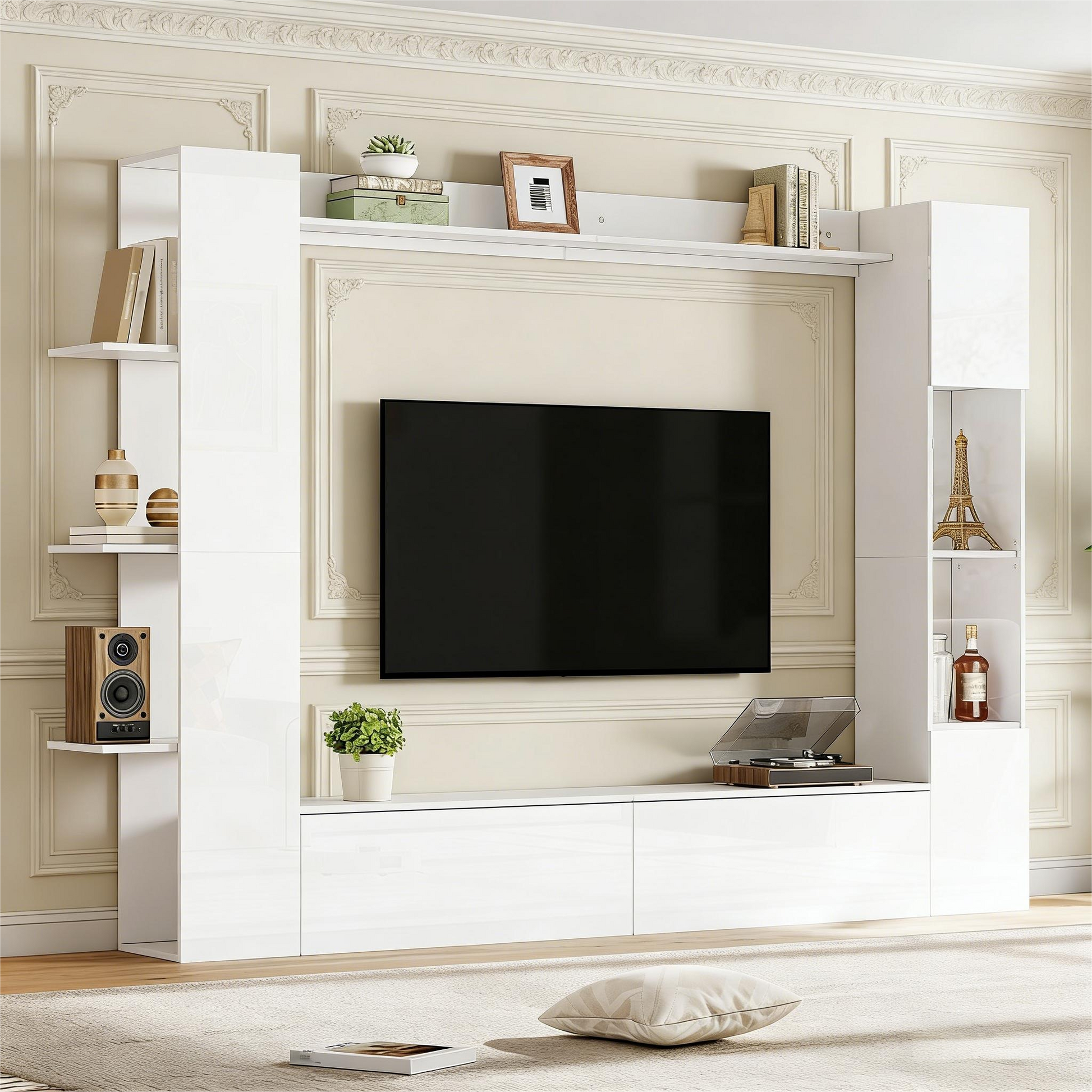 Gigab2b original image - Wohnwand , Vitrinen Türanschlag wechselbar,(Set, 4-St), Kompaktwohnwand mit viel Stauraum,TV-Schrank, Vitrine, Aufbewahrungsschrank, speziell für das Wohnzimmer,Weiß