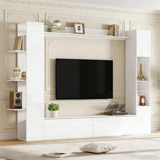 Gigab2b original image - Wohnwand , Vitrinen Türanschlag wechselbar,(Set, 4-St), Kompaktwohnwand mit viel Stauraum,TV-Schrank, Vitrine, Aufbewahrungsschrank, speziell für das Wohnzimmer,Weiß