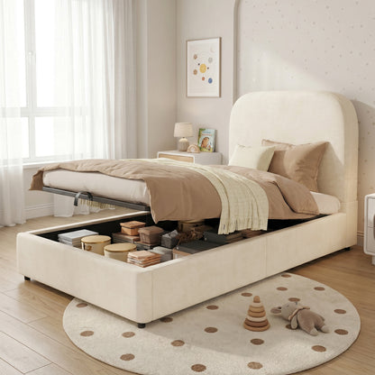Polsterbett,Einzelbett, Kinderbett 90 x 190cm, hydraulisches Funktionsbett, Bett mit Lattenrost, Kopfteil und großem Stauraum, gepolstertes Kopfteil, Samt, beige