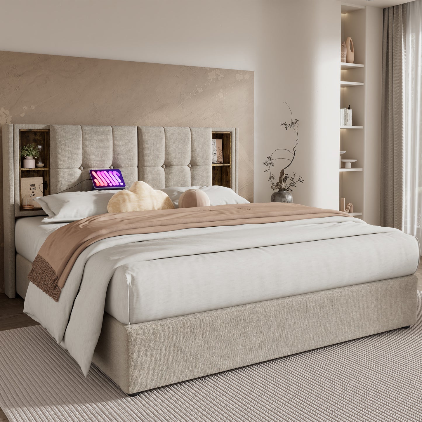 (=AB20359798N)Doppelbett mit Kabellosem Laden USB C, Polsterbett  Bettgestell 180x200cm,Bettgestell mit Stauraum Lattenrost aus Holz-Natürlich Leinen