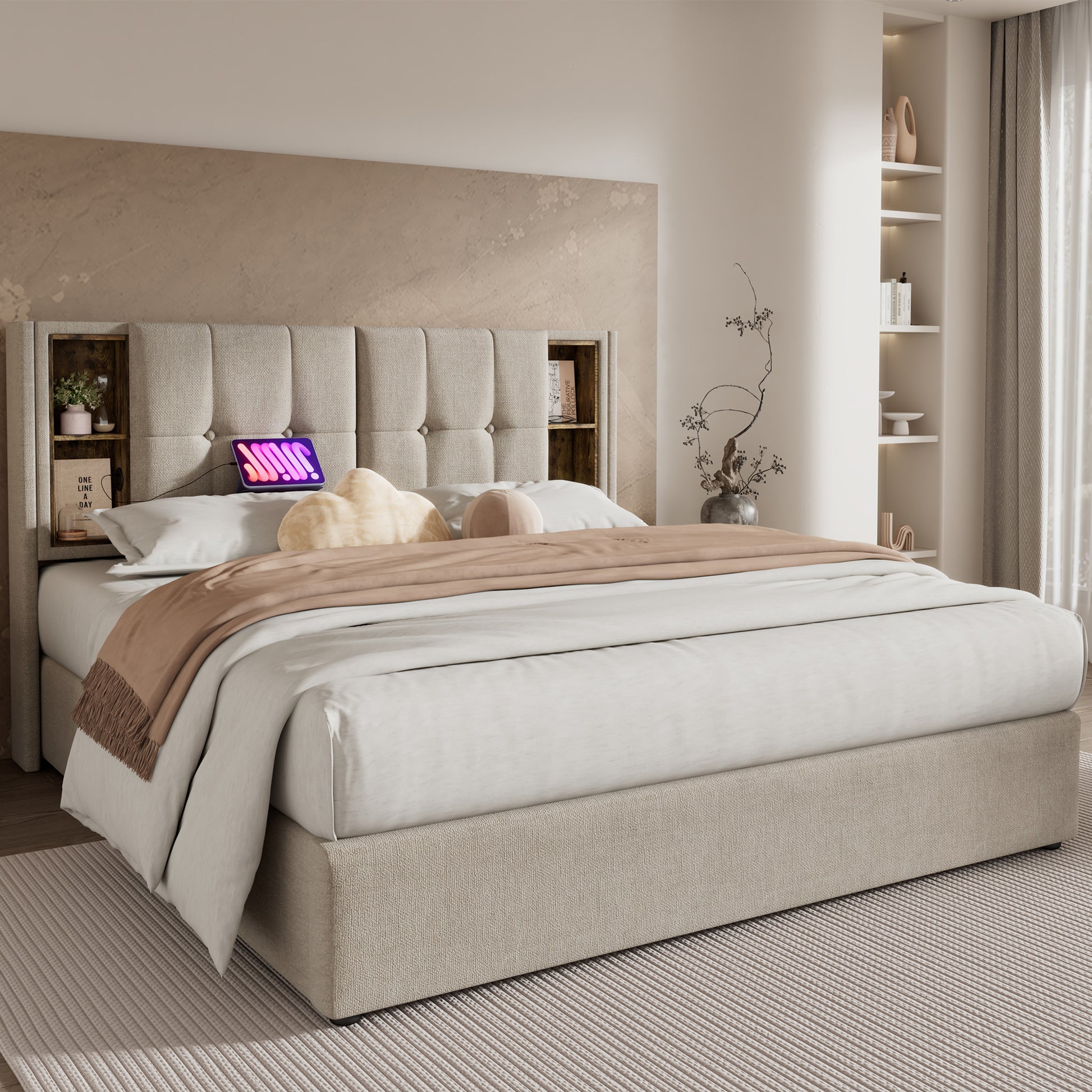 (=AB20359798N)Doppelbett mit Kabellosem Laden USB C, Polsterbett  Bettgestell 180x200cm,Bettgestell mit Stauraum Lattenrost aus Holz-Natürlich Leinen