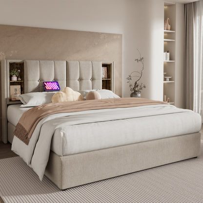 (=AB20359798N)Doppelbett mit Kabellosem Laden USB C, Polsterbett  Bettgestell 180x200cm,Bettgestell mit Stauraum Lattenrost aus Holz-Natürlich Leinen