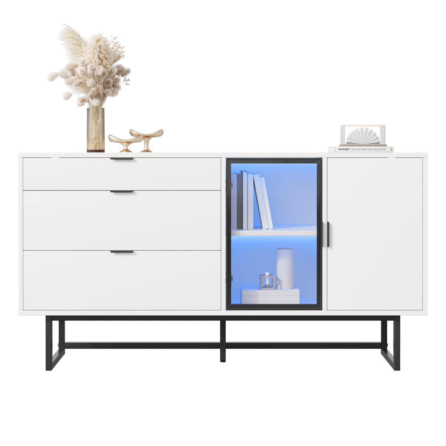Gigab2b original image - Weißes Sideboard , Vitrine , Aufbewahrungsschrank , Moderner Luxus-Esszimmerschrank , Drei Schubladen, Glastüren , Mit LED-Lichtleiste