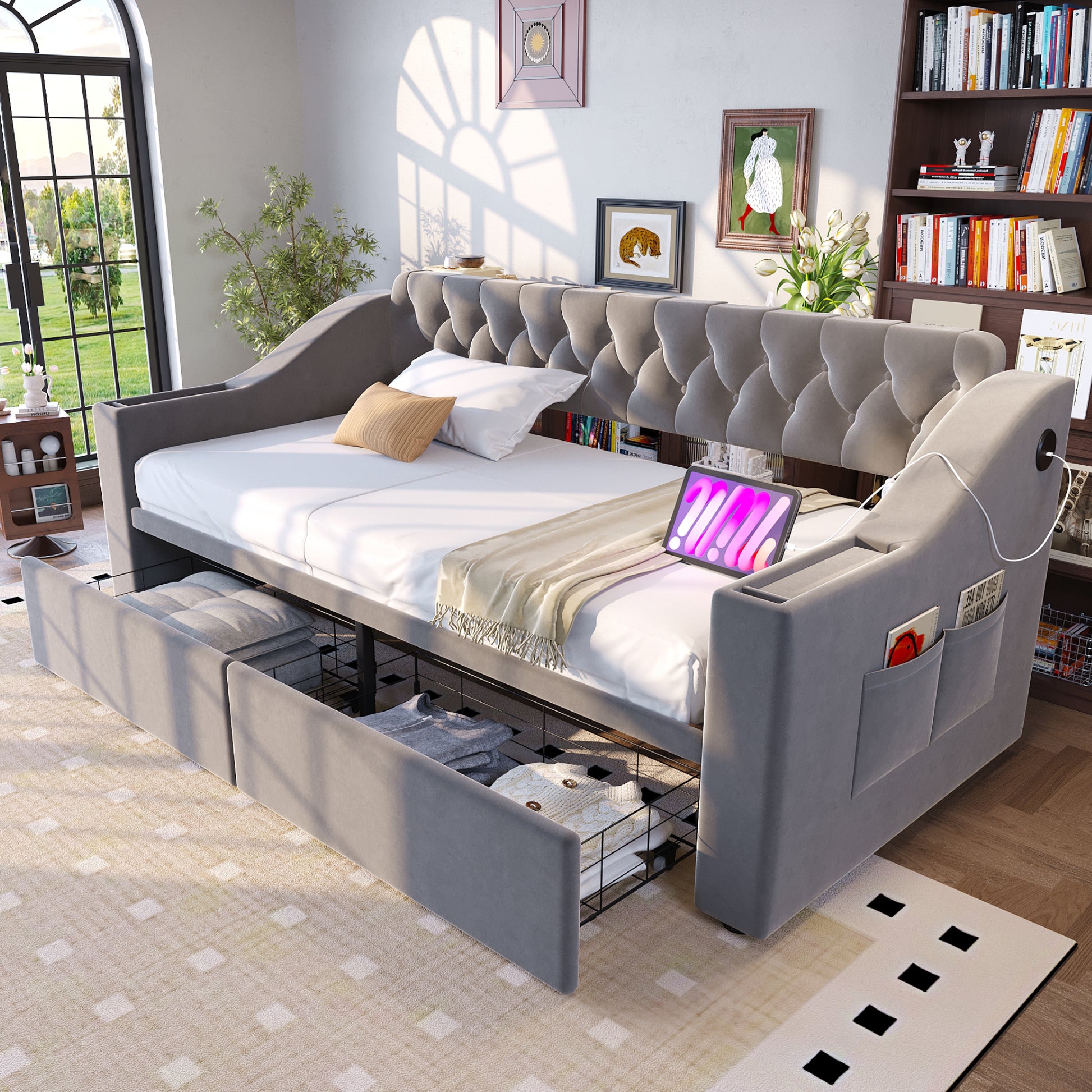 Gigab2b original image - Polsterbett Schlafsofa 90*190 cm, Breitere und Dickere Armlehnen mit USB-Ladeanschluss, Integrierte Ablage in den Armlehnen, Mit Ablagetaschen, Mit Aufbewahrungsschublade, Samtstoff, Hellgrau