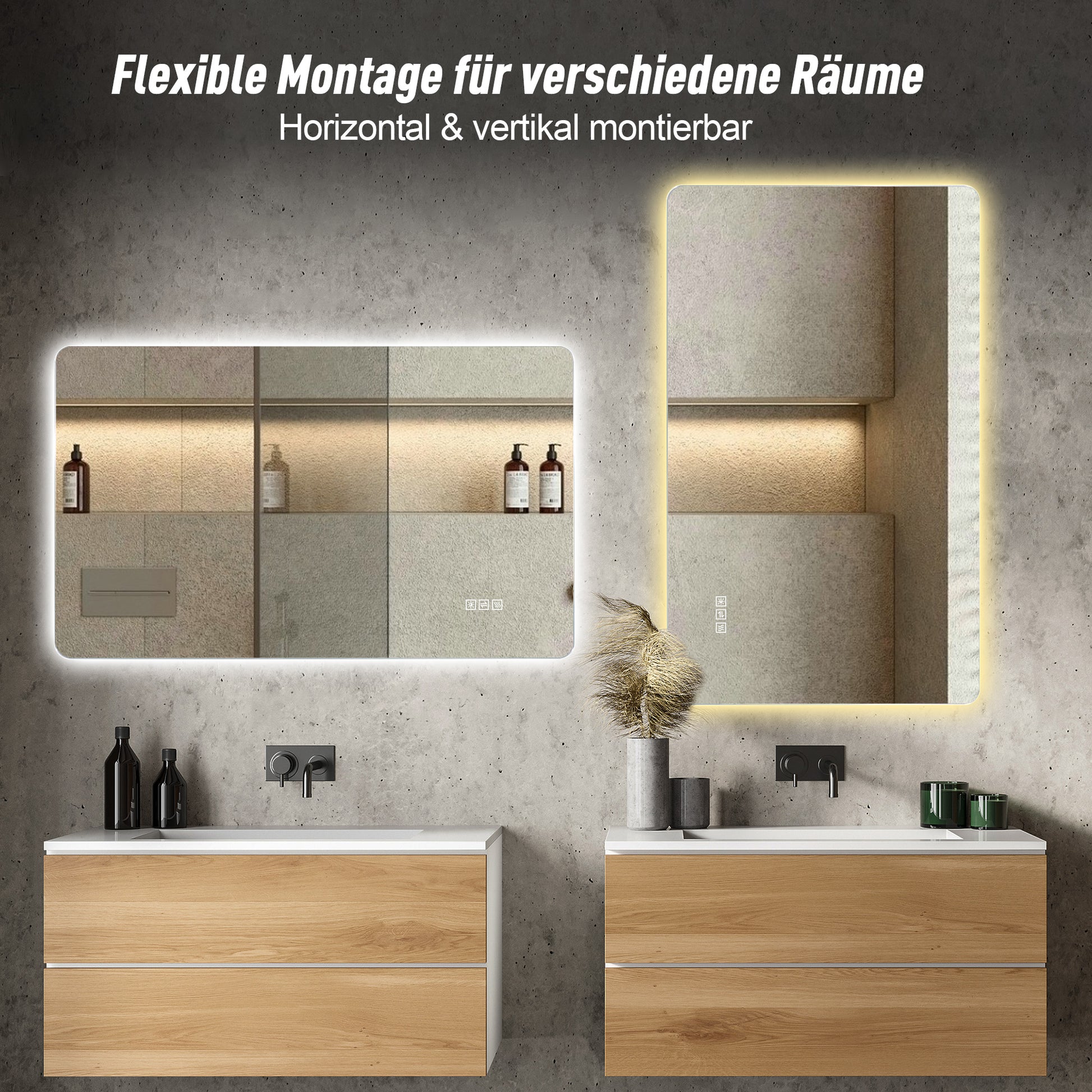 60 x 100cm LED Badezimmerspiegel mit Hintergrundbeleuchtung, Anti-Beschlag, 3 Lichtfarben, Stufenlos Dimmbar, Memory-Funktion, IP44 Wasserdicht, Horizontal & Vertikal Montierbar