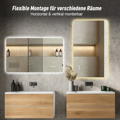 60 x 100cm LED Badezimmerspiegel mit Hintergrundbeleuchtung, Anti-Beschlag, 3 Lichtfarben, Stufenlos Dimmbar, Memory-Funktion, IP44 Wasserdicht, Horizontal & Vertikal Montierbar