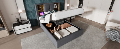 (=AB20359798N)Doppelbett mit Kabellosem Laden USB C, Polsterbett  Bettgestell 180x200cm,Bettgestell mit Stauraum Lattenrost aus Holz-Natürlich Leinen