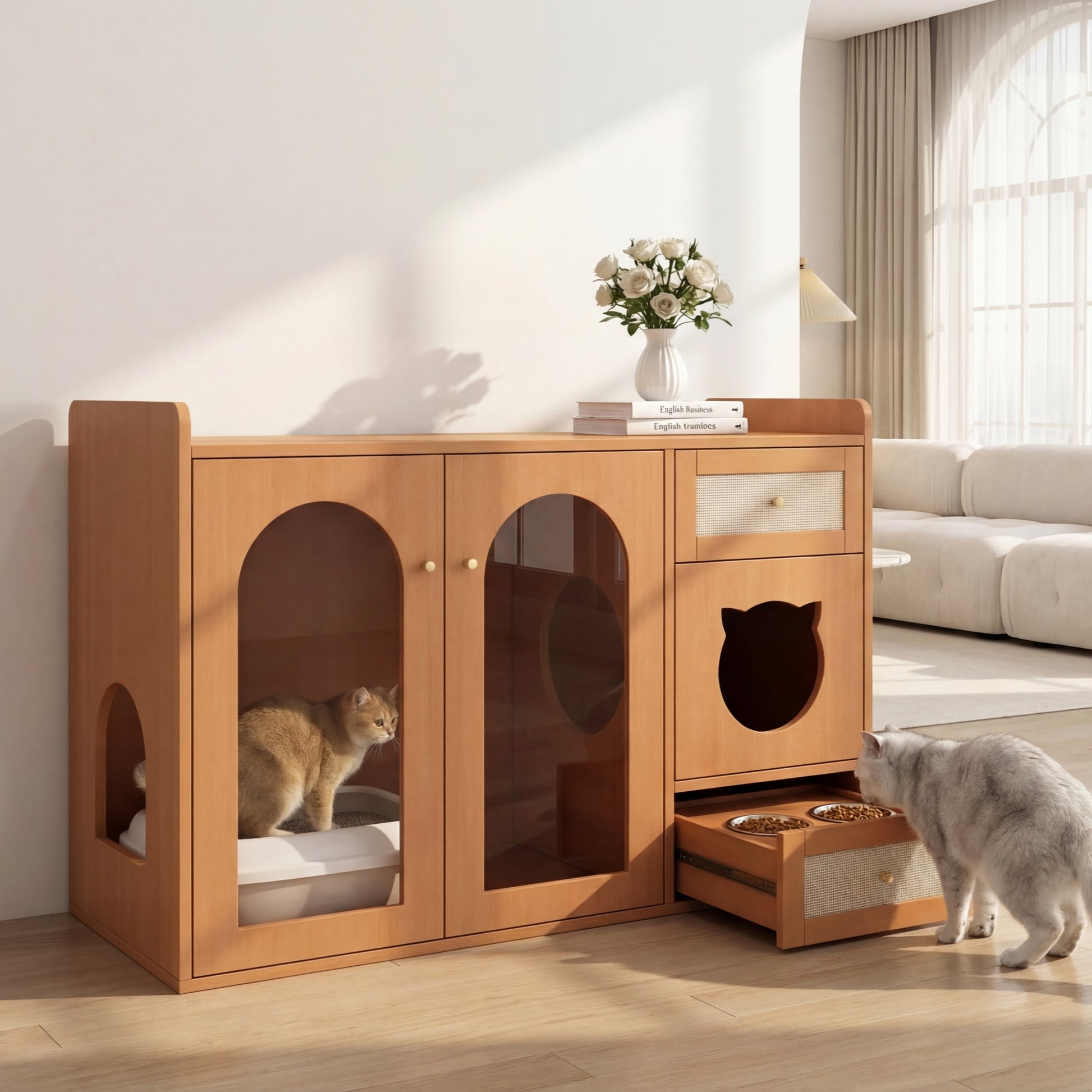 Gigab2b original image - Mehrzweckiges Katzenhaus & Katzenkloschrank – haustiertierfreundlicher Beistellschrank mit Futterschalen, Katzenruheraum, Lagerbereich (ohne Katzenklo & Katzenkissen), Nussbaumfarben, 120x45x83 cm