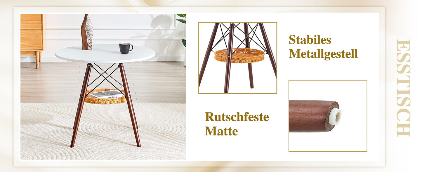 Runder Esstisch Ø 80 cm,Tischplatte aus weißem MDF, Tischbeine aus walnussfarbenem Massivholz, kombiniert mit einer schwebenden, geflochtenen Ablagekorbkonstruktion, geeignet für 2 bis 4 Personen.