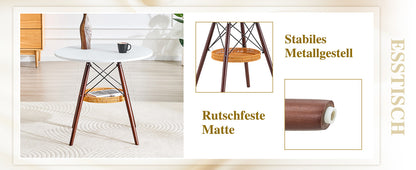 Runder Esstisch Ø 80 cm,Tischplatte aus weißem MDF, Tischbeine aus walnussfarbenem Massivholz, kombiniert mit einer schwebenden, geflochtenen Ablagekorbkonstruktion, geeignet für 2 bis 4 Personen.