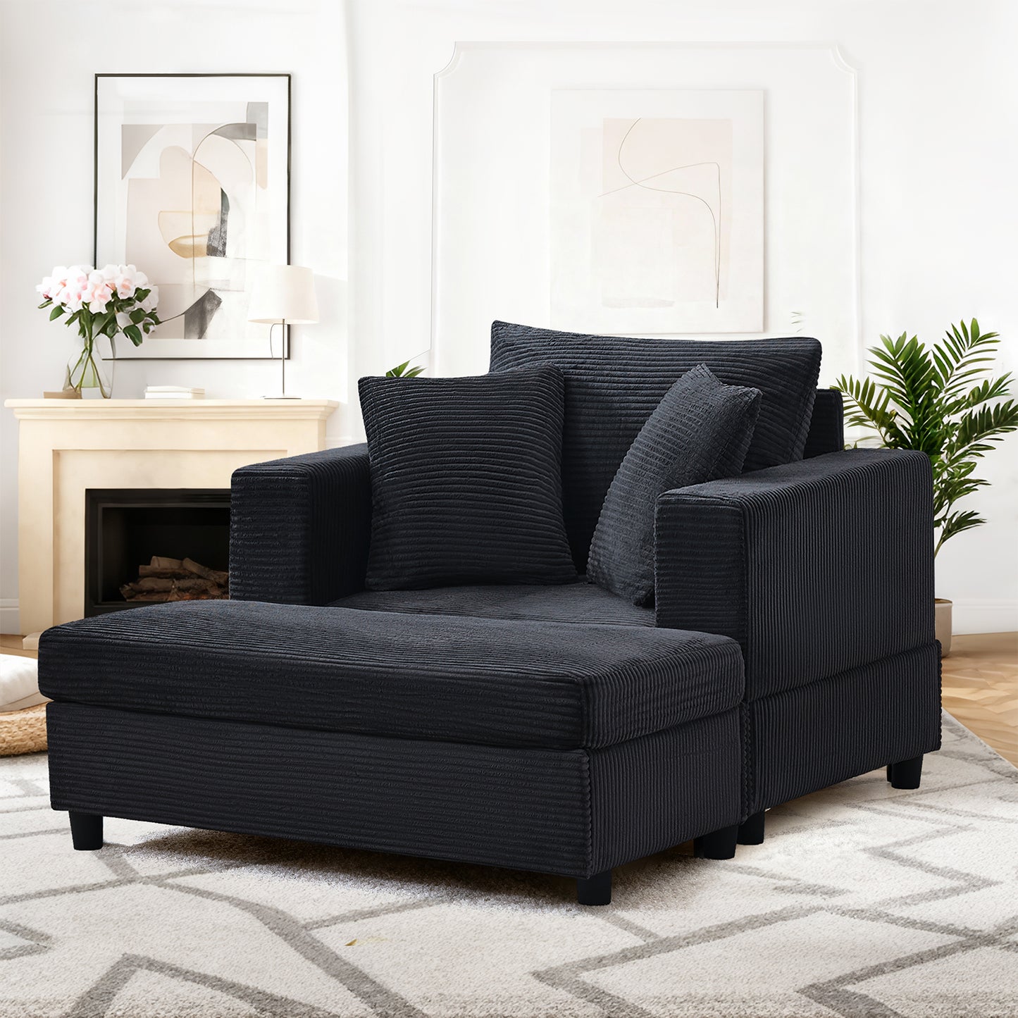Chaiselongue mit Fußablage & Stauraum, Lounge-Sofa mit 3 Kissen für Wohnzimmer & Schlafzimmer – Schwarz